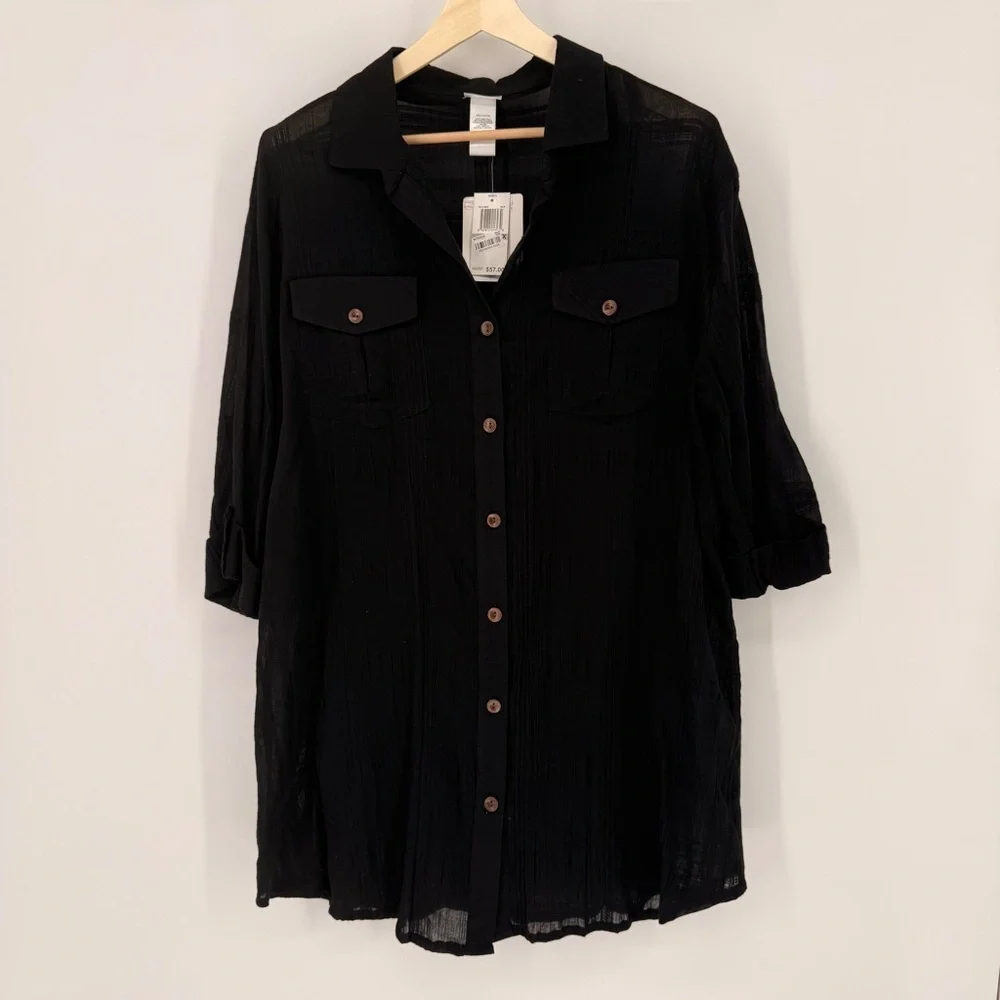 NWT DOTTI Black 100% Cotton Swim Cover-up Shirt Size 1X